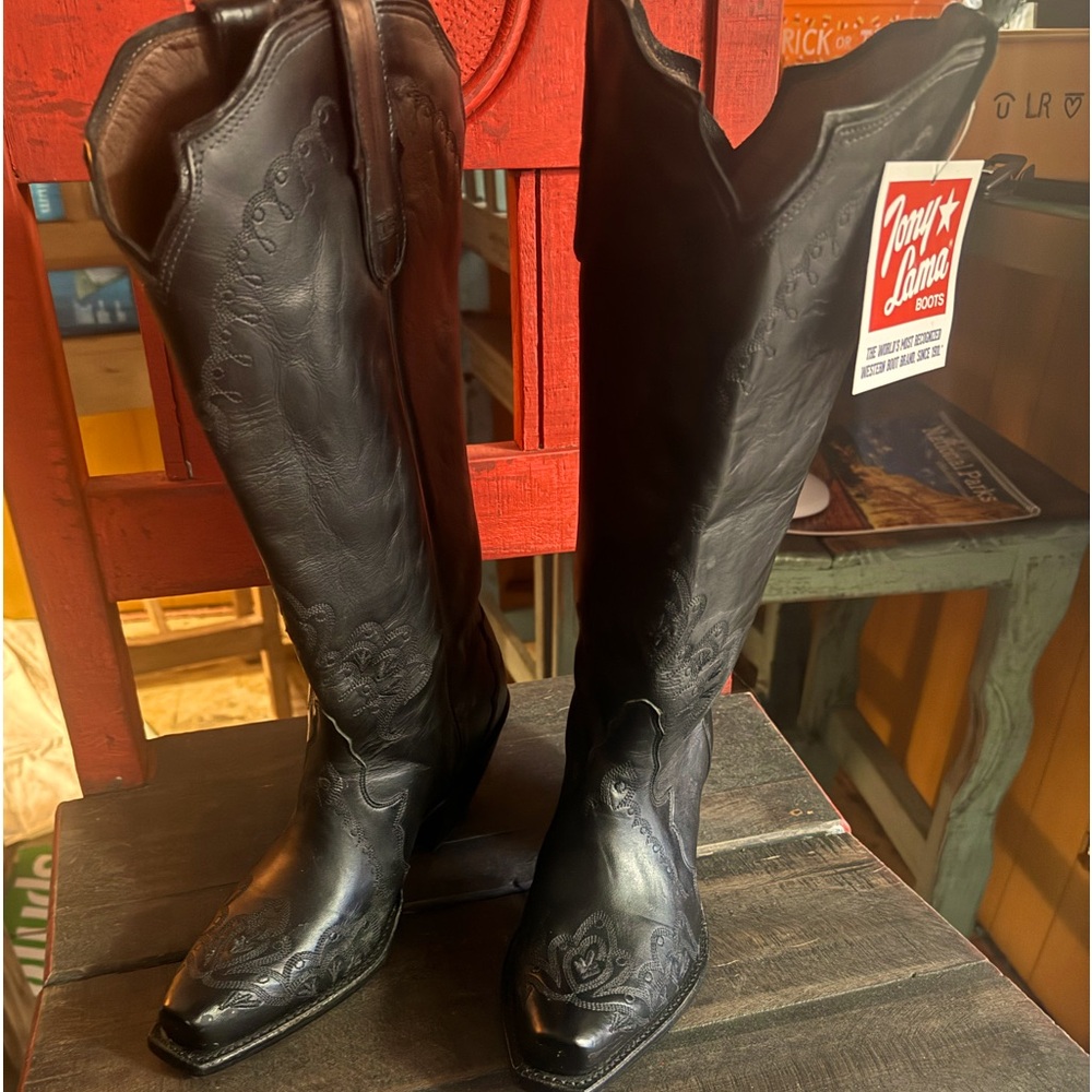NWT Tony Lama 16" black leather cowgirl boots.